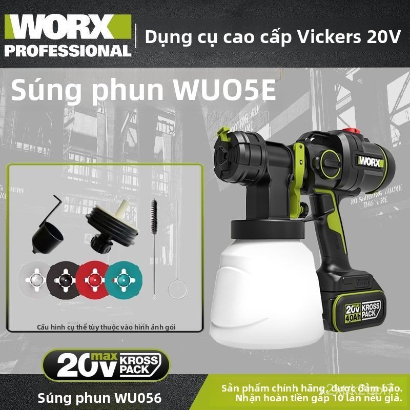 Súng phun sơn dùng pin Worx WU056 máy phun sơn màng sơn tường sơn latex gia đình chính hãng, giao nh