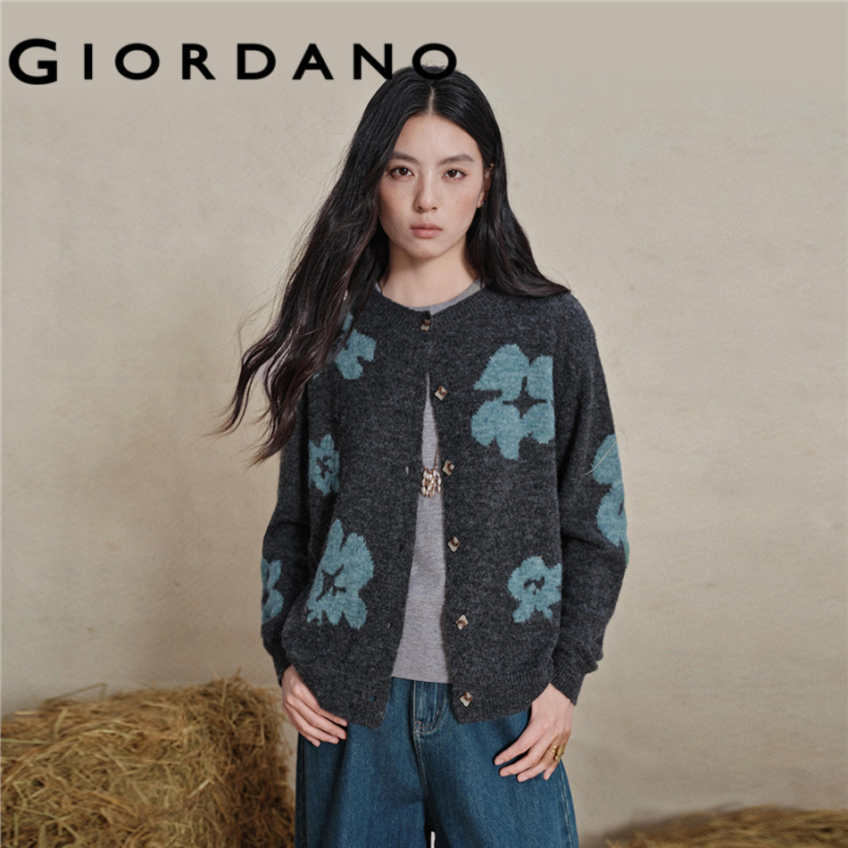 GIORDANO WOMEN Contrast floral jacquard crewneck cardigan 18356818