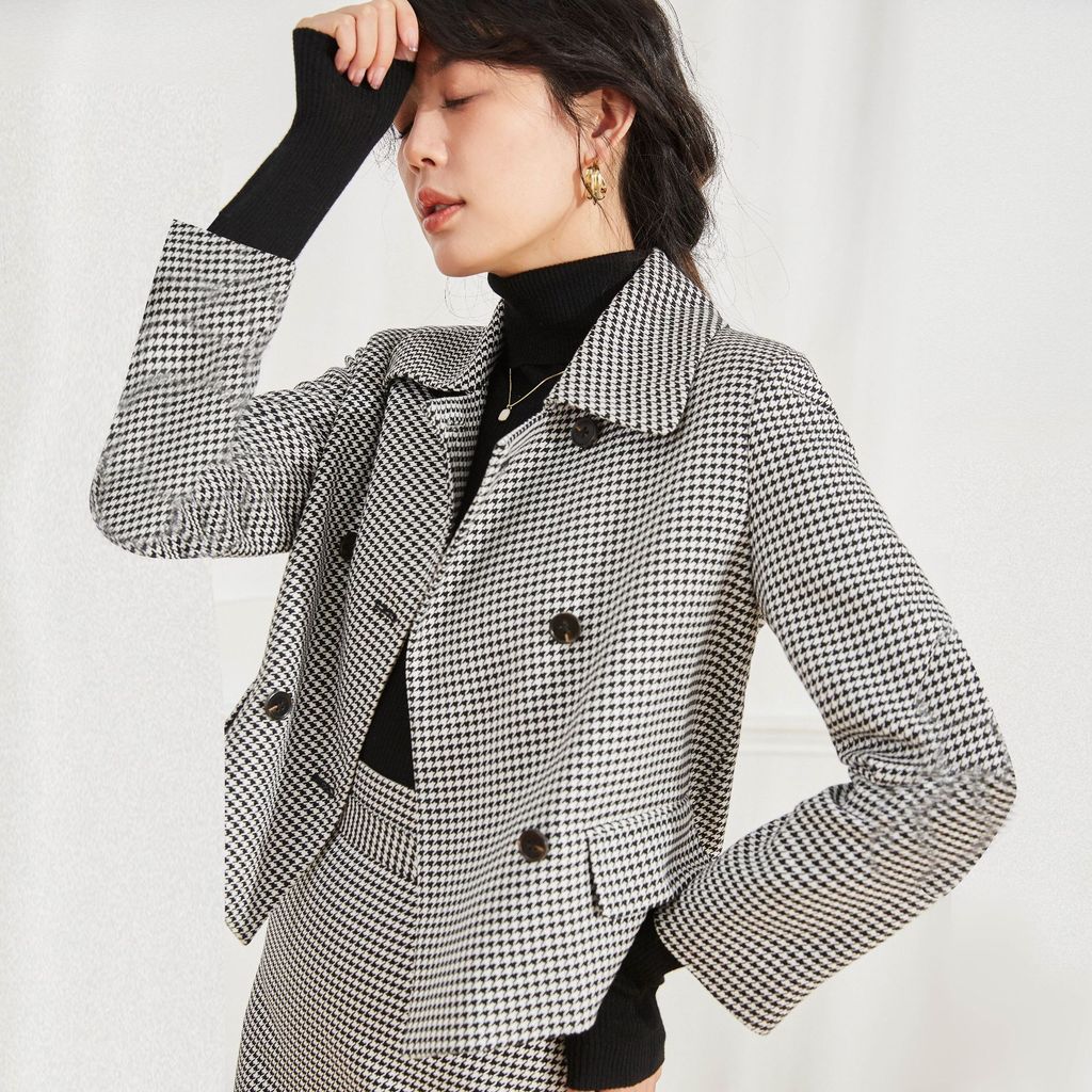 YNP2 Spring houndstooth acetate pencil skirt suit for women, top and short skirt