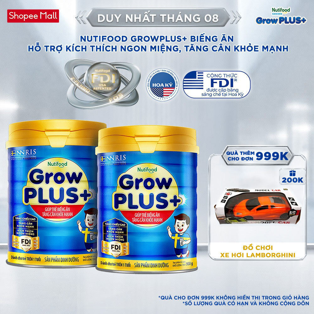 Combo 2 Sữa Bột Nutifood GrowPLUS+ Xanh (Biếng Ăn) 900g - Trên 1 Tuổi - Tăng Cân Khỏe Mạnh (2 Lon x 