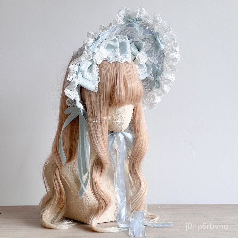 Mũ Bonnet Lolita ren màu xanh băng phối nơ thủ công phong cách tiểu thư