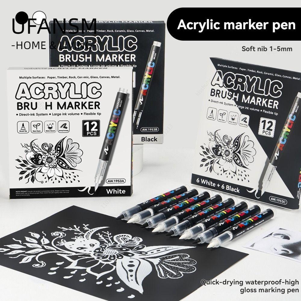 UFASM 12 Cái / hộp Bút đánh dấu Acrylic, Bút đánh dấu điểm nổi bật cao cấp màu đen / trắng khô nhanh