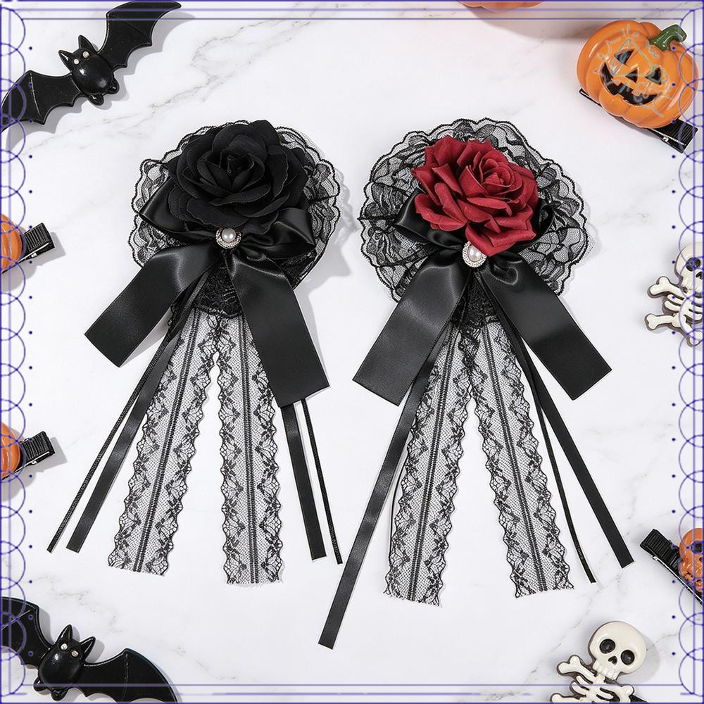 Gothic Gothic Gothic Đầu Satin Hoa Hồng Tóc Ren Ba Chiều Satin Nơ Tóc Cho Quần Áo Tối Gothic Quần Áo