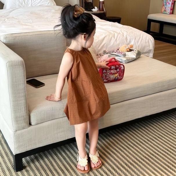 [Trẻ Em Phải Có] Bé Gái Phong Cách Hàn Quốc Mori Trẻ Em Đầm Đơn Giản Mùa Hè Phong Cách Mới Trẻ Em Cà Phê Màu Áo Váy Búp Bê
