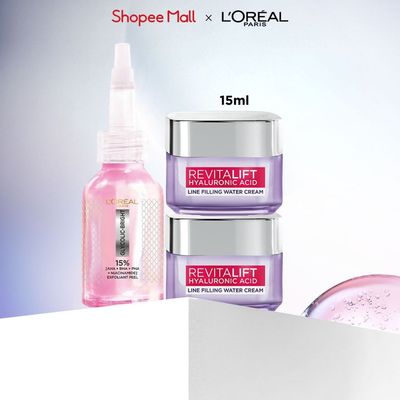 Bộ dưỡng chất peel sáng da 25ml, kem dưỡng ngày chống rãnh nhăn lão hóa sớm Revitalift HA Line L'Oreal Paris 15mlx2
