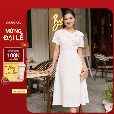 Đầm Nữ Form A GUMAC Cổ Xéo Cách Điệu Đính Nơ 2 Lớp Tuyết Mưa Cao Cấp Tôn Dáng DF08014