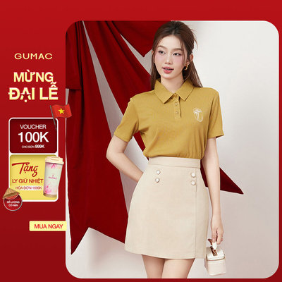 Áo Thun Polo Nữ GUMAC Form Suông Tay Ngắn  Thiết Kế Thêu Hoa Cúc Thanh Lịch PLE12013