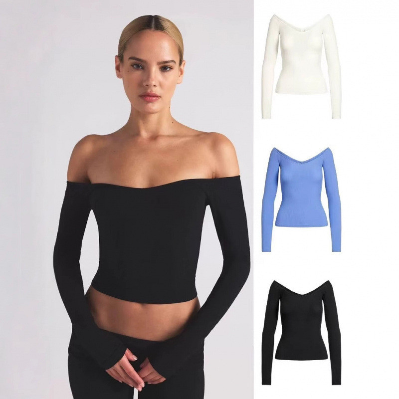 SKIMS SOFT LOUNGE OFF THE SHOULDER TOP Ribbed off-shoulder long sleeve T Shirt Top