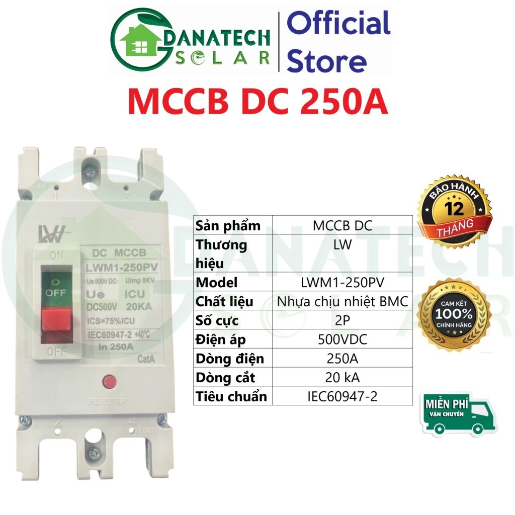 MCCB DC chuyên dụng chính hãng LW 250A 500VDC đóng ngắt pin lưu trữ