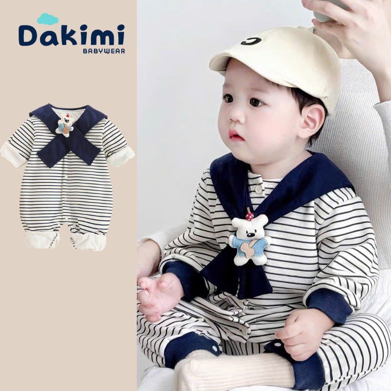 Bodysuit dài tay cho bé Dakimi kiểu khăn quàng đính Gấu, mẫu quần áo sơ sinh 0-12M