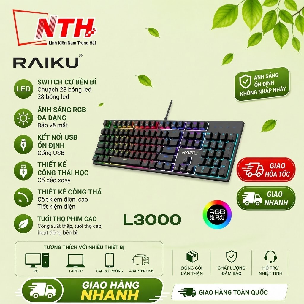 Bàn Phím Máy Tính Cơ Có Dây Dời Gaming RAIKU L3000