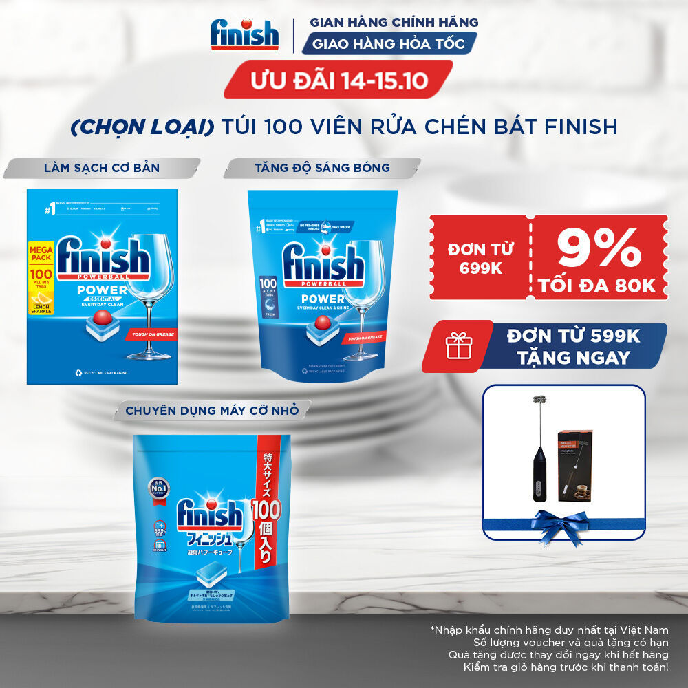 Viên Rửa Chén Bát Finish 100 Viên Chính Hãng - Khử Mùi, Tẩy Sạch Dầu Mỡ, Sáng…