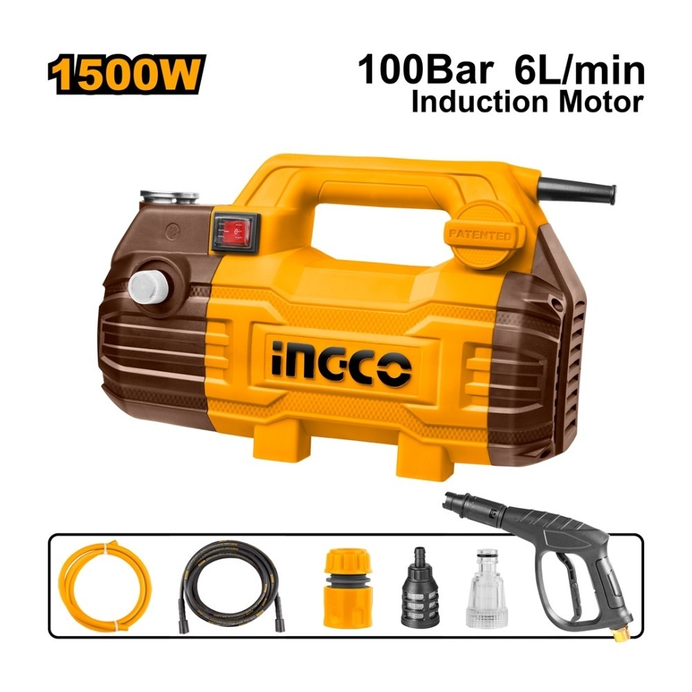 1500W Máy rửa xe INGCO HPWR15028, Máy xịt rửa xe động cơ không chổi than áp lực cao 100bar kèm dây x