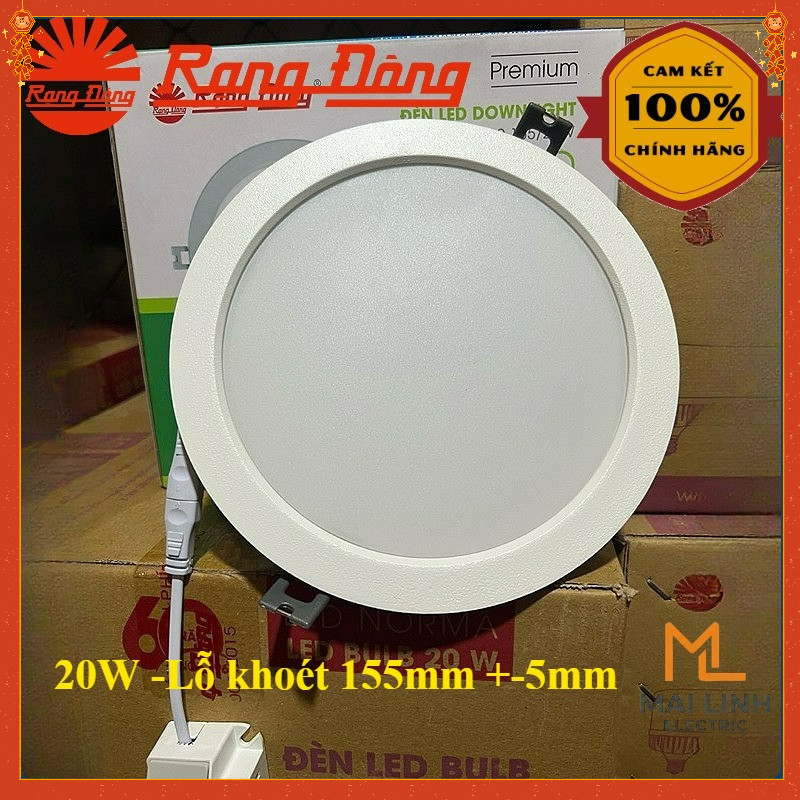 {Rạng Đông} Đèn Led Downlight 20W -Lỗ khoét 155mm +-5mm -Ánh sáng trắng 6500K -Chip Led Hàn Quốc Siê