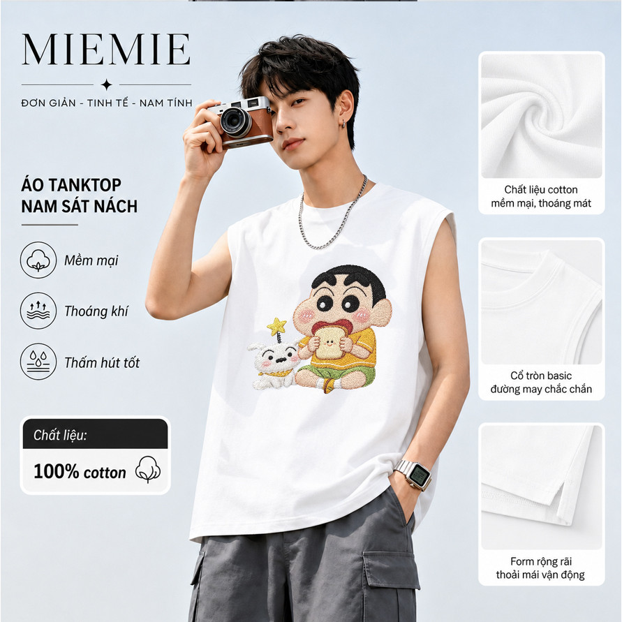 COD✅Giao hàng trong 24h（Hồ Chí Minh)🚚Áo sát nách MIEMIE áo 3 lỗ nam form rộng in hinh trắng unisex 1