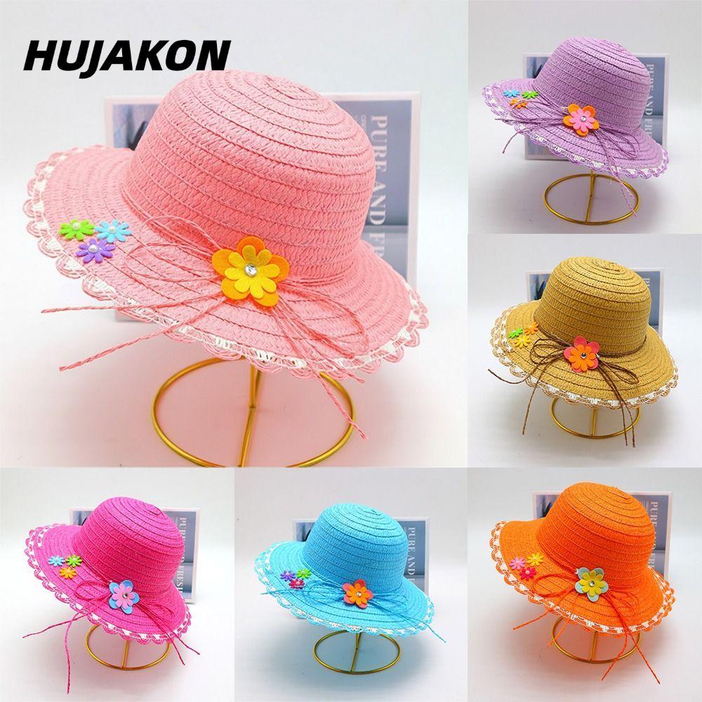Mũ Rơm HUJAKON, Trang Trí Hoa Mũ Chống Nắng 3-7Year, Vành Rộng Ngọt Ngào Handmade Tấm Che Nắng Du Lị