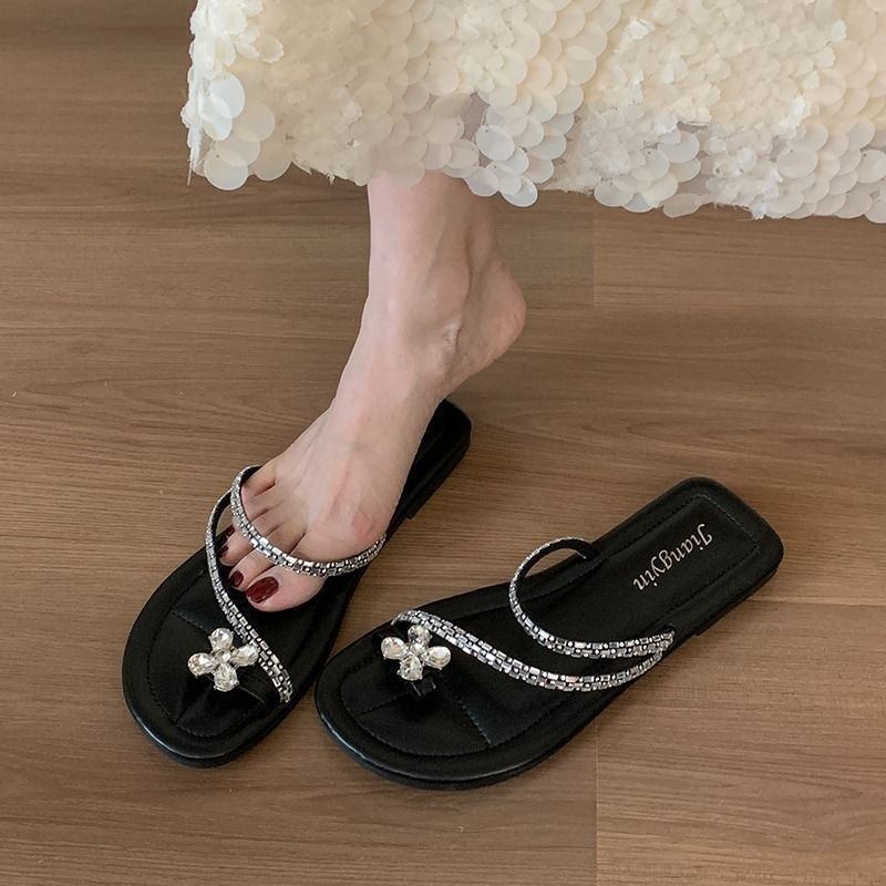 Hàng sẵn có [Chuangxingjia] Dép La Mã Phong Cách Cổ Tích Kim Cương Giả Bao Mũi Dép Nữ Mùa Hè Flat Ou