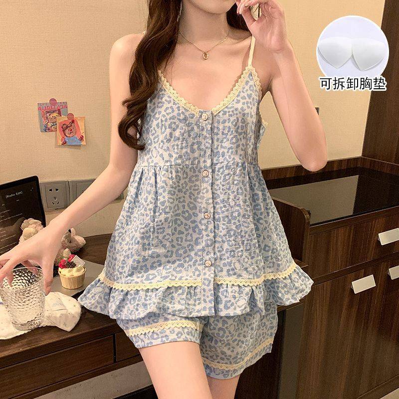 Leopard Cloud Cotton Padded Women's Pajamas Summer Thin Lace Lace V-neck Strap Shorts Pajamas 8DZC