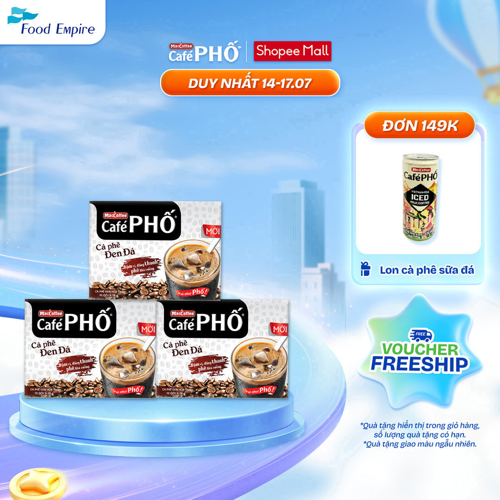 Combo 3 hộp Cà phê Phố Đen Đá - Maccoffee (hộp 10 gói x 16g)