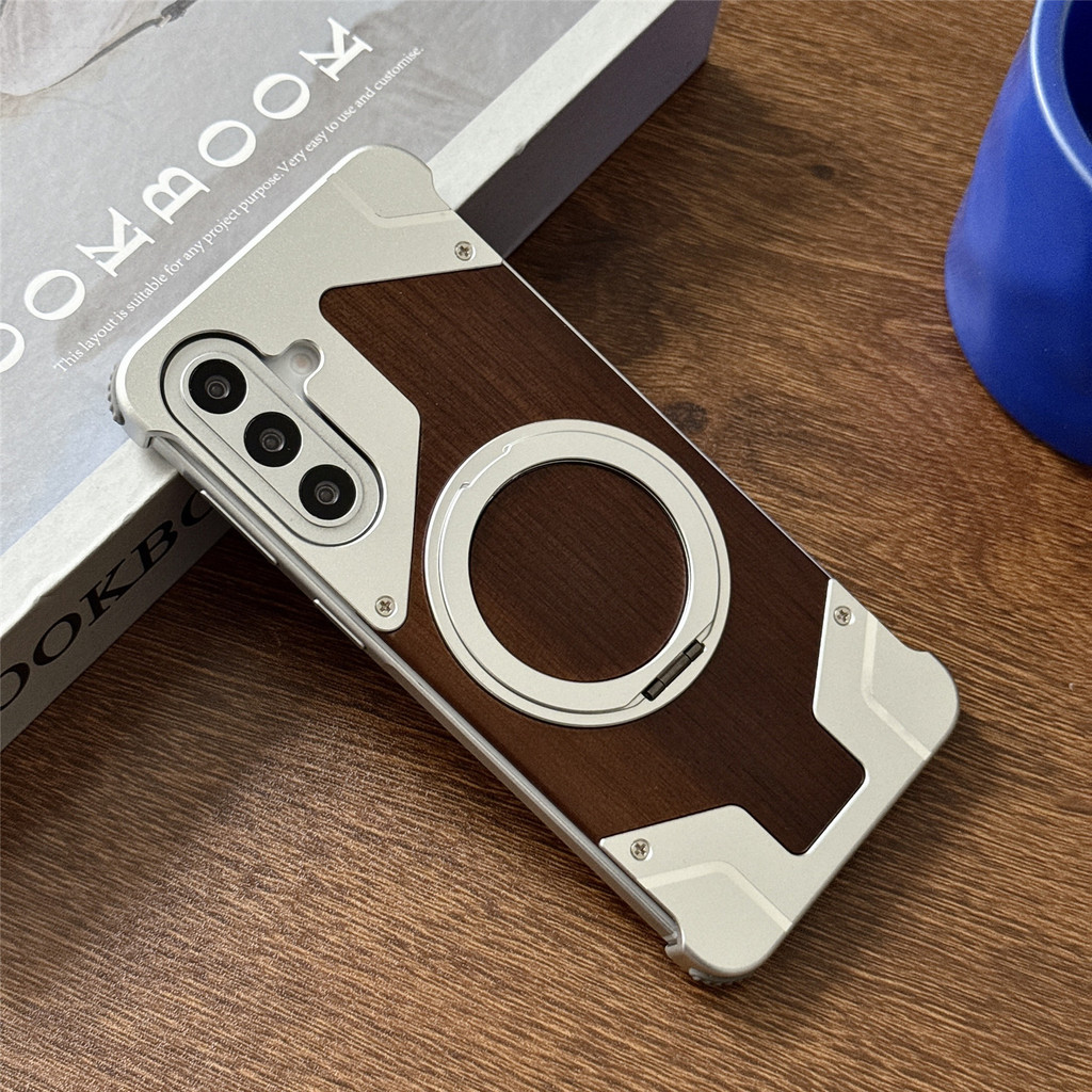Ốp Lưng Cho Samsung Galaxy A57 Gỗ óc chó Funda Cho Samsung A56 A57 Capa Titan Kim Loại Từ Nhẫn Đứng 