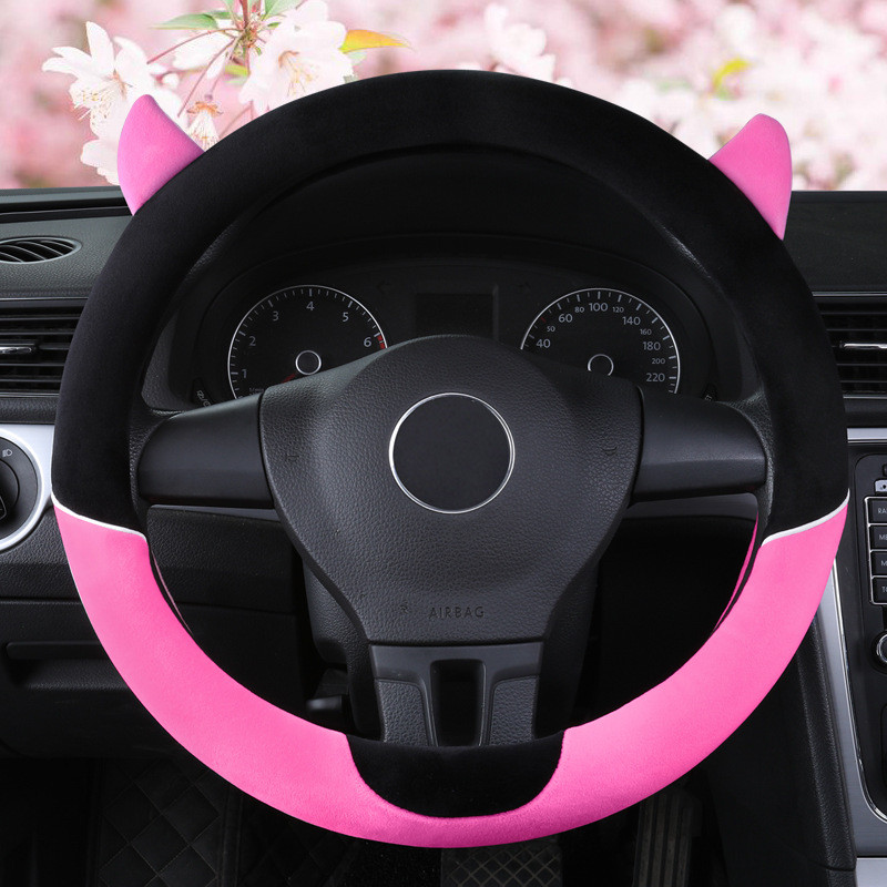 Cartoon-style short plush steering wheel cover for women, white3z New inner ring steering wheel with