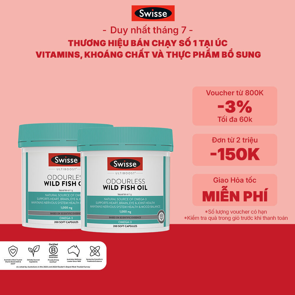 Combo 2 lọ dầu cá Swisse Ultiboost Odourless Wild Fish Oil 1000mg 200 viên/lọ