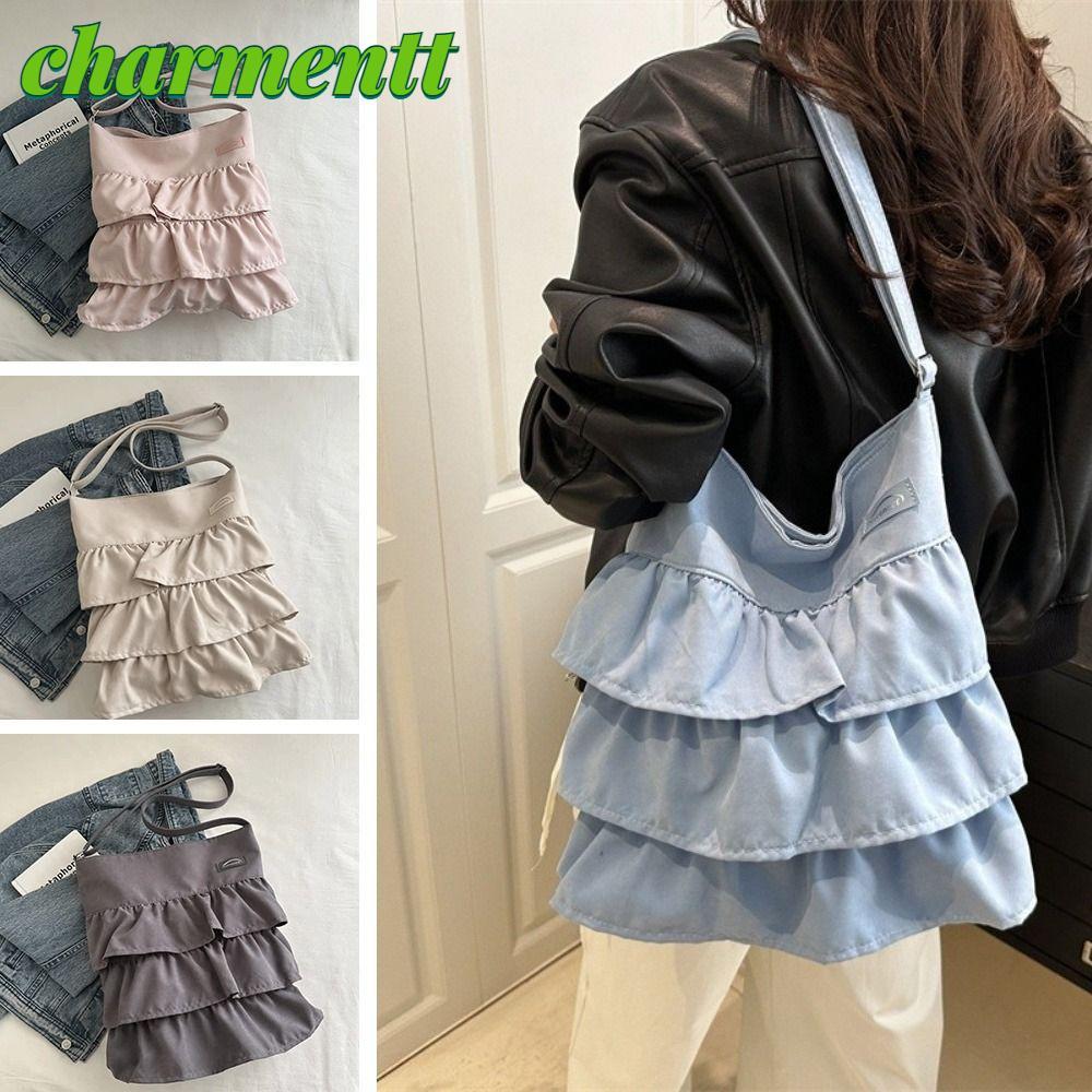 Túi Tote xếp nếp xếp tầng CHARMENTT, Ví đeo vai chất liệu vải mềm nhẹ, nội thất rộng rãi Túi xách nữ có viền lá sen dễ thương