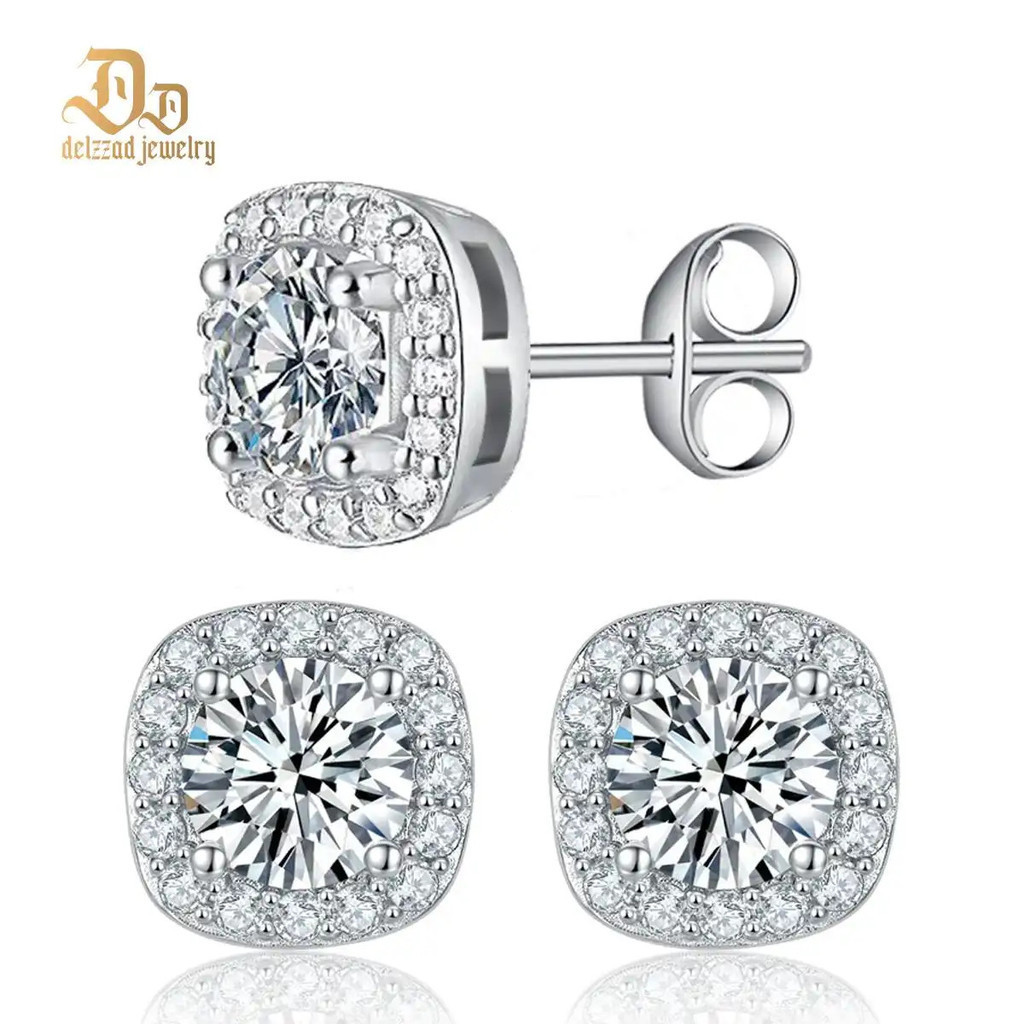 Delzzad18KGold-PlatedHaloSquareLab-CreatedMoissaniteStudEarringS925SterlingSilverMoissaniteJewelryPe