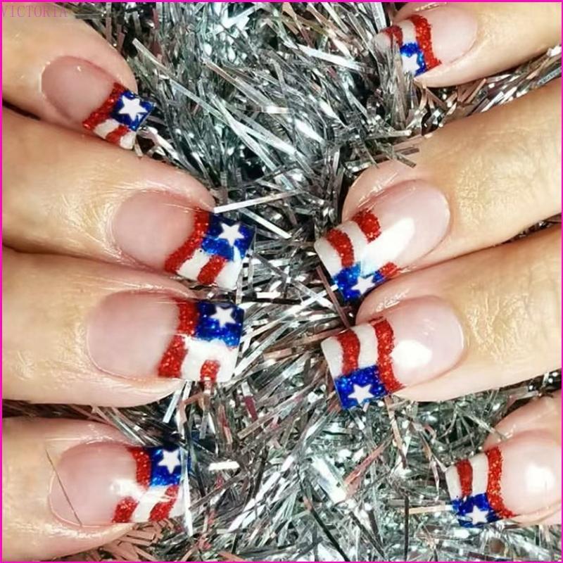 VIC 24 Chiếc 4th Of July Press On Nail Short Stick On Nail Ngày Độc Lập Giả Nai