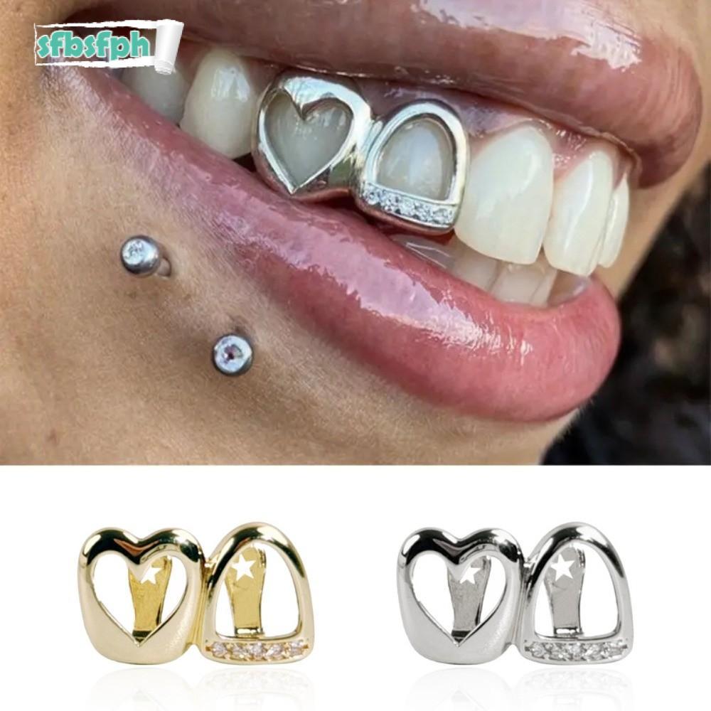 SFBSFPH Răng Trang Sức, Đồng Rỗng Trái Tim Hip Hop Răng Grillz, Sáng Bóng Zircon Đôi Trái Tim Màu Và