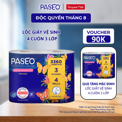 [Mua 1 Tặng 1] Combo 8 Cuộn Giấy Vệ Sinh Paseo 3 Lớp Mềm Mịn Cao Cấp, 4 Cuộn/lốc - Tan Nhanh