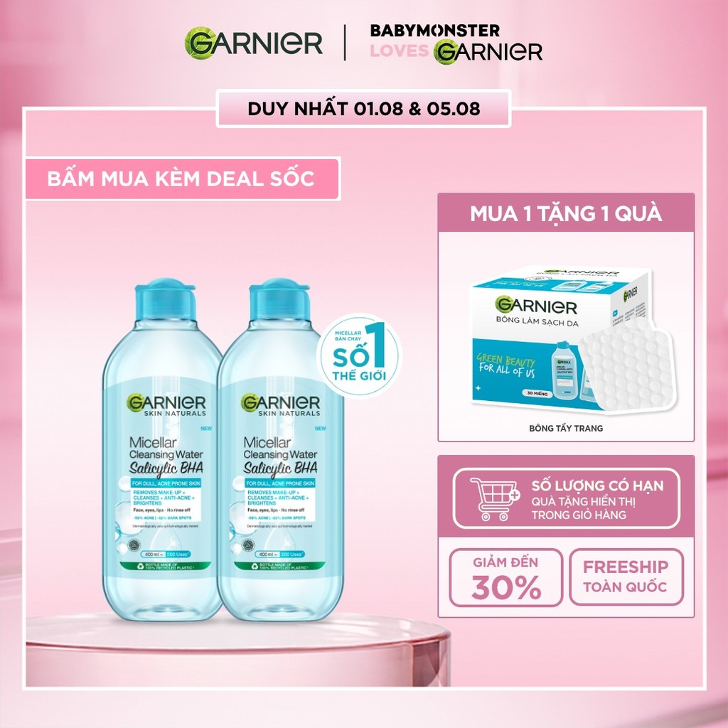 Bộ 2 Nước tẩy trang Garnier Cho Da Dầu Mụn Salicylic BHA Micellar 400ml x 2 (mới)
