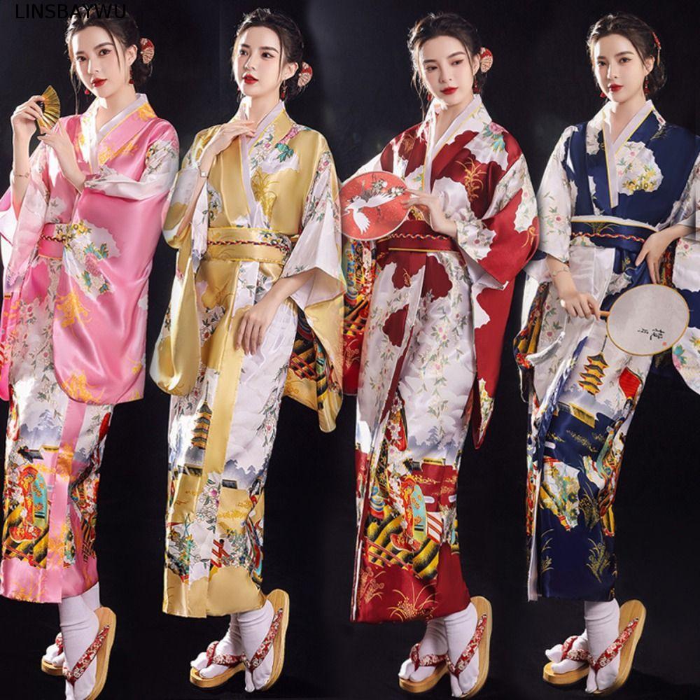 LINSBAYWU kimono truyền thống Nhật Bản, in hoa sang trọng Sakura Girl kimono, Trang phục hóa trang k