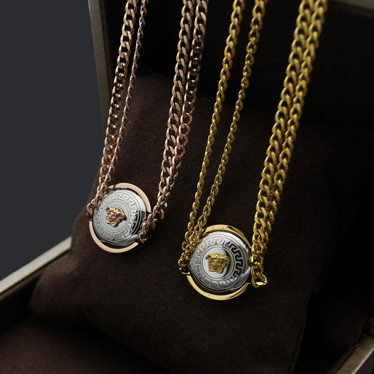 PKPM Two-tone double-layer couple's necklace set with small two-tone human head design