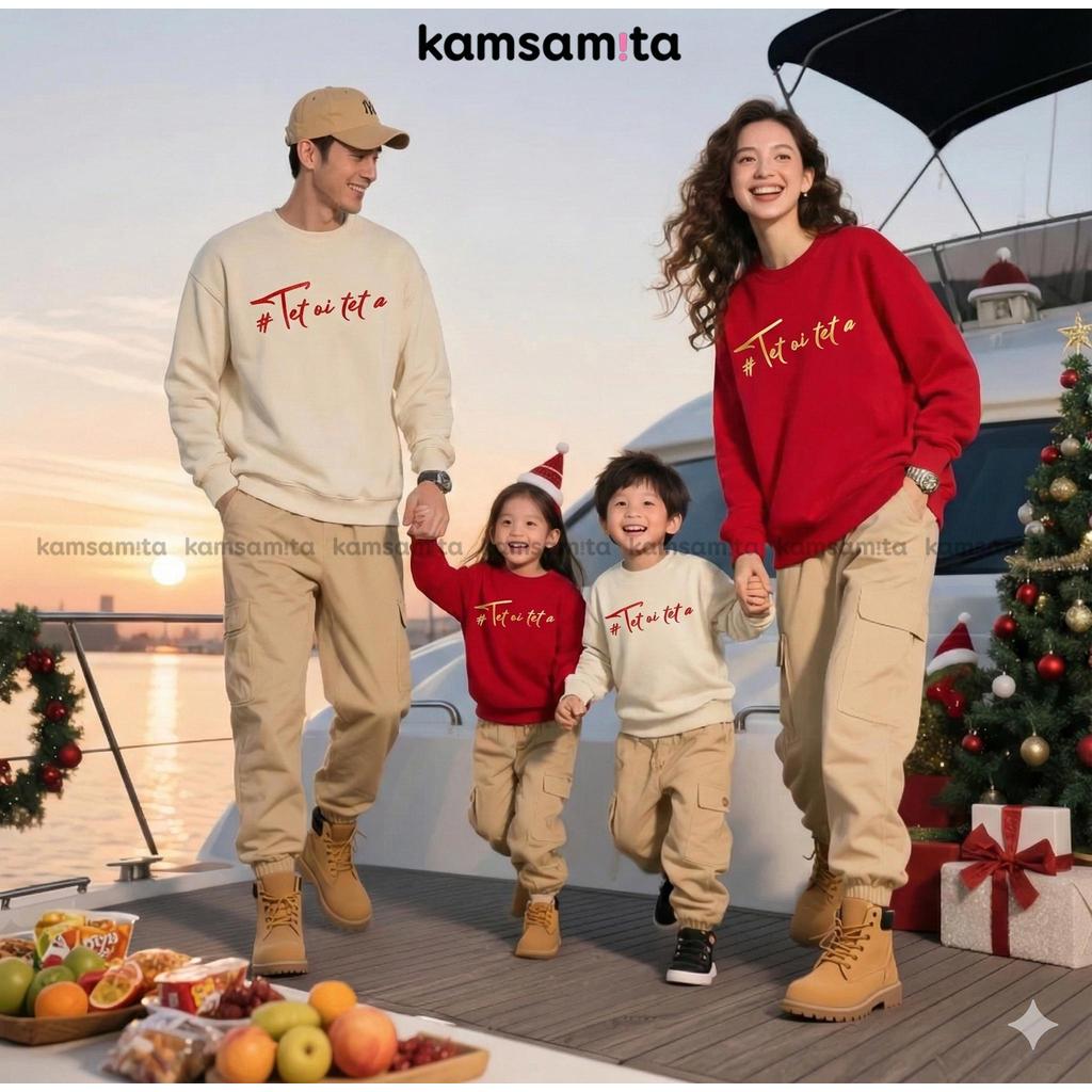 [12-90kg] Áo nỉ bông Sweatshirt màu đỏ nam nữ thu đông KAMSAMITA họa tiết TẾT vải cotton 330gsm