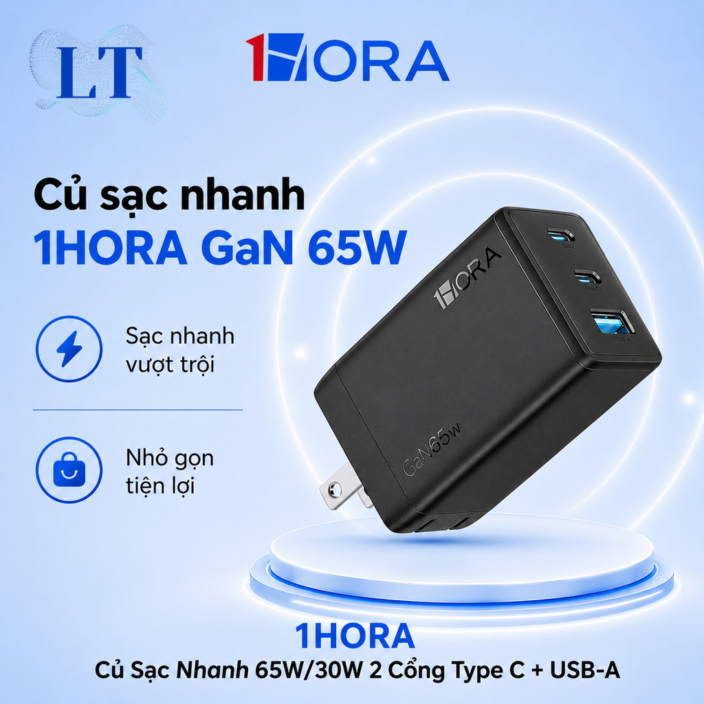 Củ Sạc Nhanh 1HORA GaN 65W/30W 2 Cổng Type C + USB-A - Sạc Nhanh - BH 12 Tháng