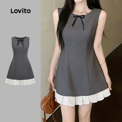 Đầm Lovito phong cách thường ngày có nơ mùa xuân/hè màu xám cho nữ L183ED176