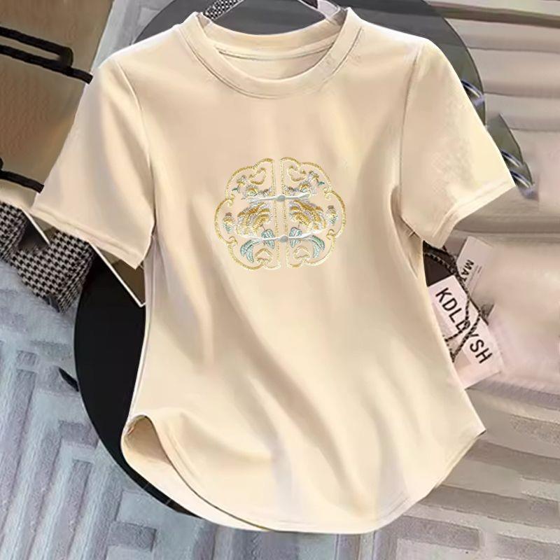 Mới Phong Cách Trung Hoa Phong Cách Trung Hoa Áo Thun Nữ Mùa Hè Phong Cách Mới Retro Khóa Không Đều 
