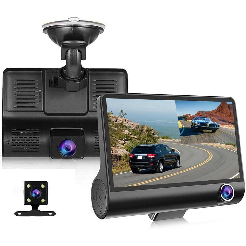3 Channel Dash Cam Front Rear Inside, 4 inch Screen Dash Camera for Cars, 1296P Full HD Dash Cam Dua