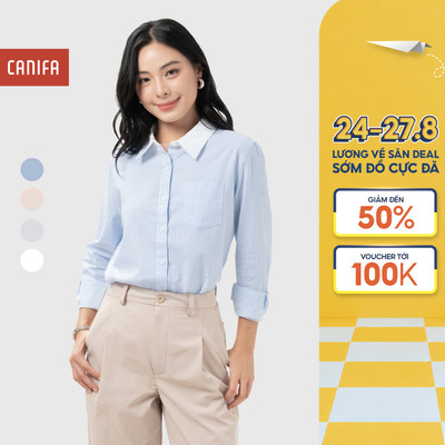 Áo sơ mi nữ CANIFA cổ bẻ dài tay họa tiết kẻ sọc công sở chất liệu cotton mềm mịn 6TH26S005