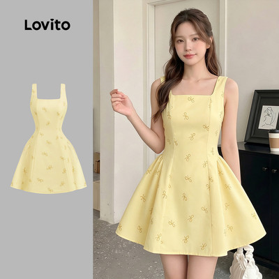 Đầm nữ Lovito thanh lịch vàng xuân hè nơ phong cách L159AD228