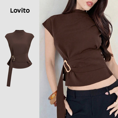 Lovito thanh lịch Áo Kiểu Màu Nâu Khóa Kim Loại Dáng Bất Đối Xứng Thích Hợp Cho Mùa Xuân/hè Dành Cho Nữ L171AD019