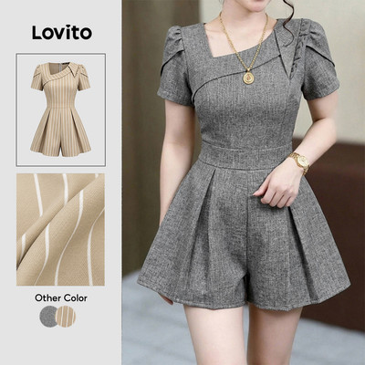 Áo liền quần nữ Lovito xám xuân hè diềm xếp nếp bất đối xứng phong cách thường ngày L189ED207