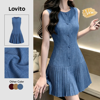 (New Arrival) Lovito Váy nữ mùa xuân/hè dáng sang trọng nút cài xếp ly màu vàng DRK8P2D651