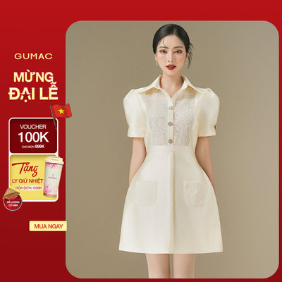 [SALE] Đầm Nữ Form A GUMAC 2 Túi Ốp Phối Ren Tay Ngắn Phồng Đính Nút Sang Trọng DE06015