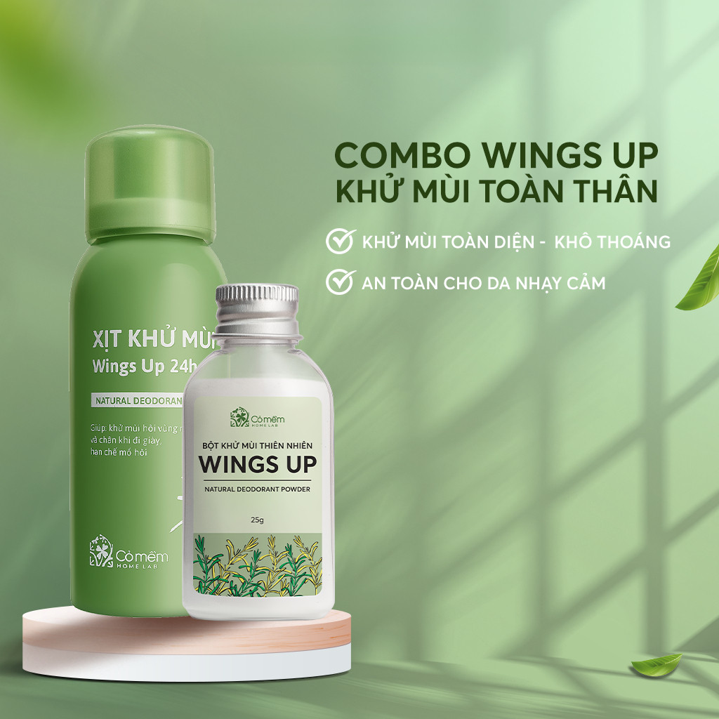 Combo Bột & Xịt Khử Mùi Wings Up Cỏ Mềm Hạn Chế Hôi Chân, Hôi Giày, Ngăn Tiết Mồ Hôi 100ml