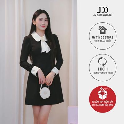 Đầm Cổ Sen Chân A Vintage Thanh Lịch 1F30.2510. Đầm Dáng A Cổ Sen Phối Màu. Đầm Dự Tiệc Công Sở Thanh Lịch Thiết Kế JM