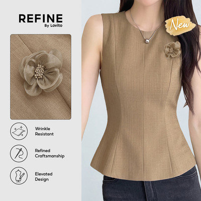 (New Arrival) (Refine by Lovito) Áo Khoác Khaki Nữ Cổ Tròn Không Tay Đính Appliques Đường Nét Cấu Trúc Chống Nhăn Đi Làm TKR43P1D052