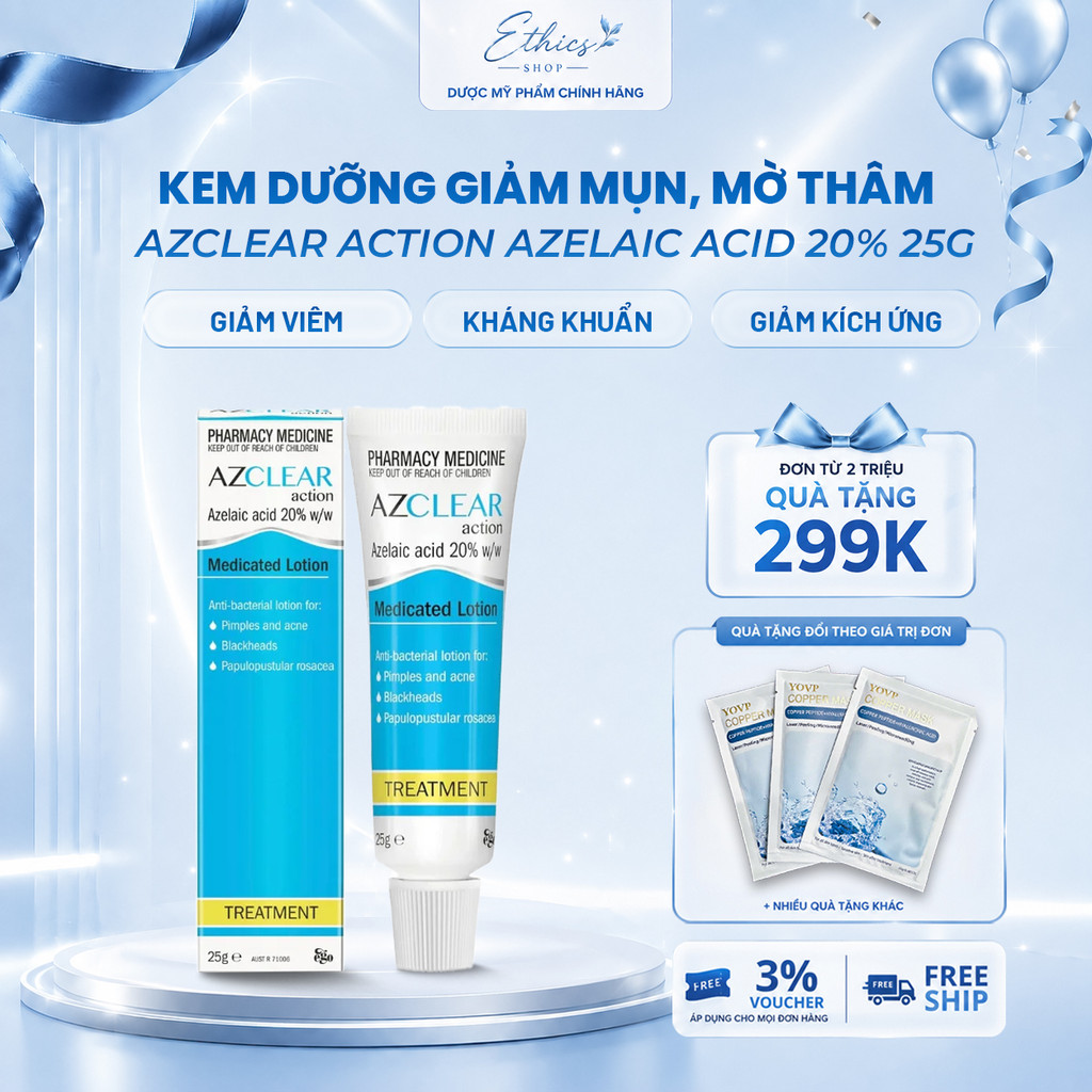 Kem giảm mụn mờ thâm Azclear 20% Azelaic Acid 25g Làm dịu da, thông thoáng lỗ chân lông