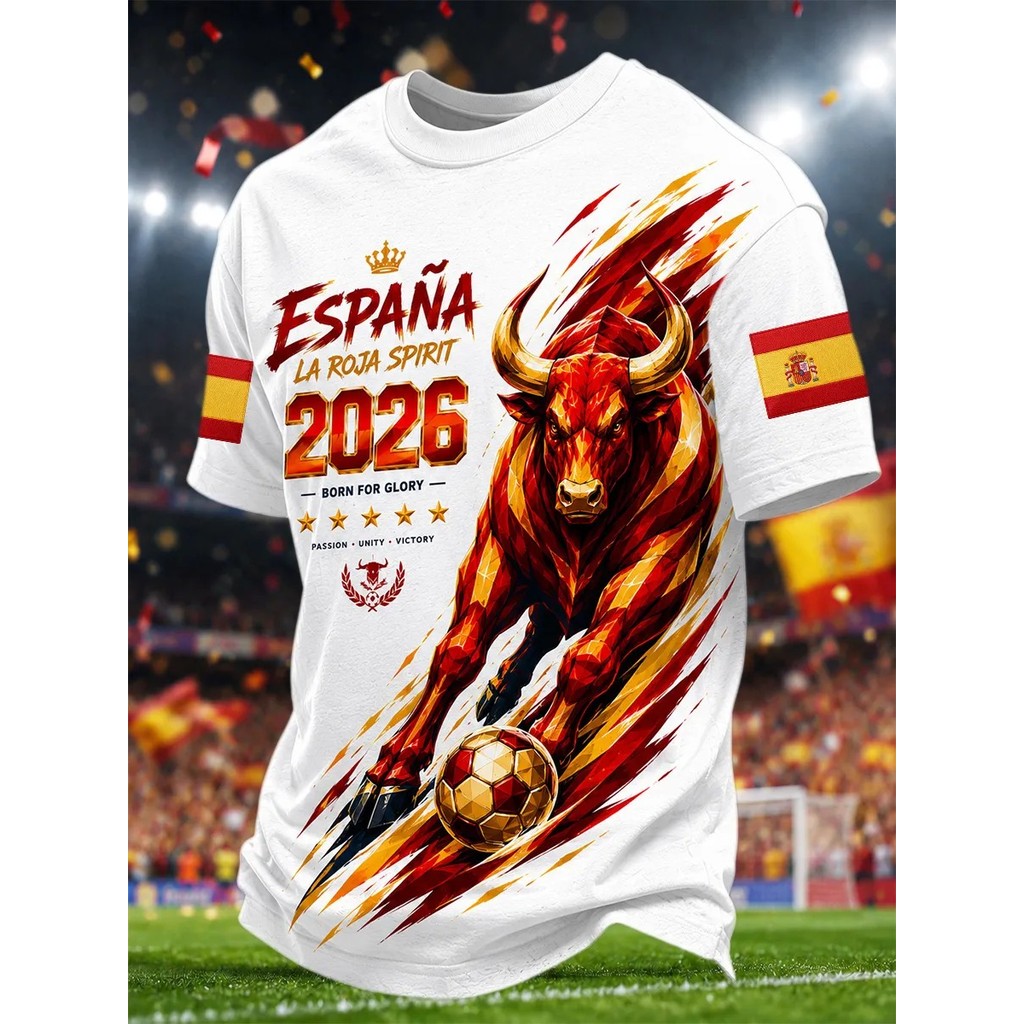 Áo thun nam tay ngắn cổ tròn màu trắng, Espana La Roja Spirit 2026 Bull Soccer Ball Splash Flag Patc